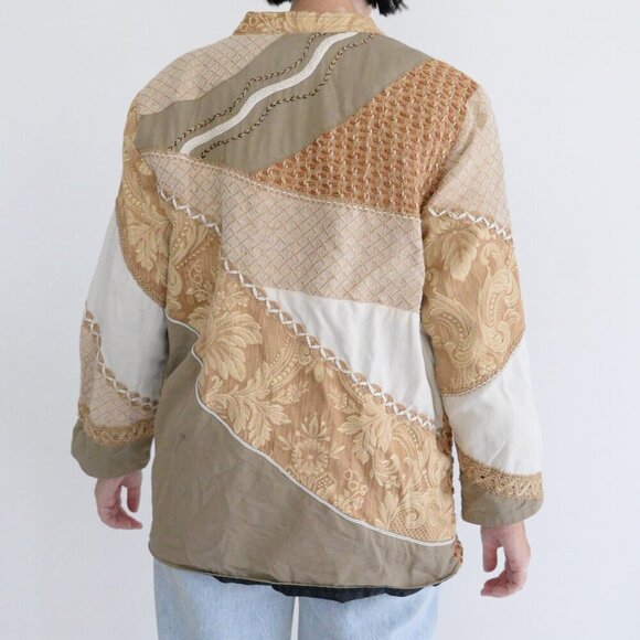 Vintage Allure Tan Cream Embroidered Floral Patchwork Beaded Button Jacket M - Picture 3 of 10